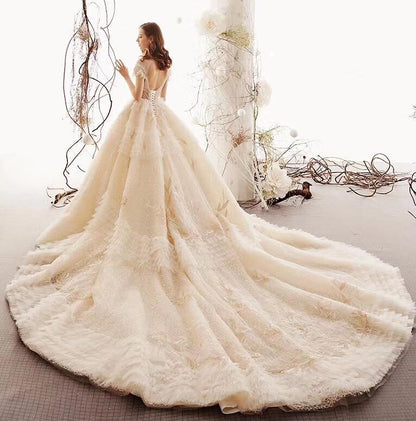 Elegant High Neck Ball Gown Wedding Dresses Short Sleeve Quinceanera Dresses