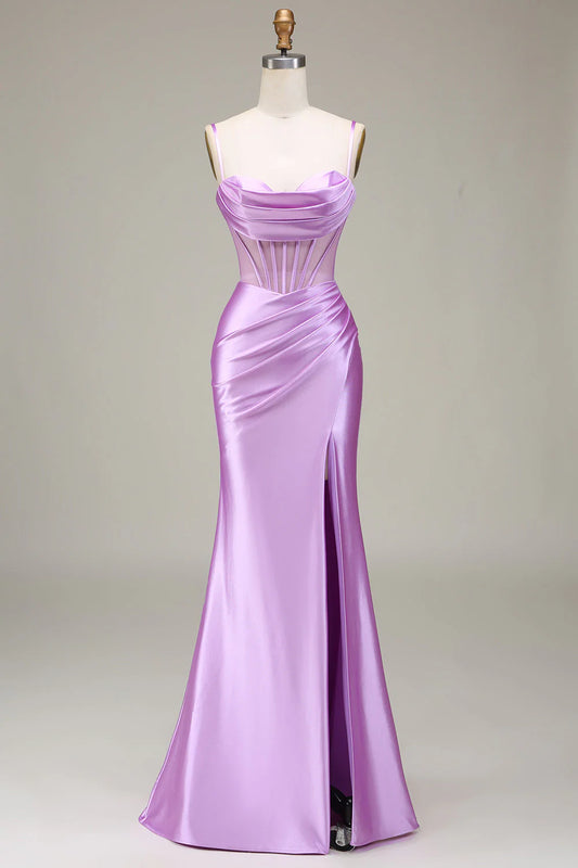 Fish tail satin thin shoulder strap light purple tight fitting corset with slit prom dress