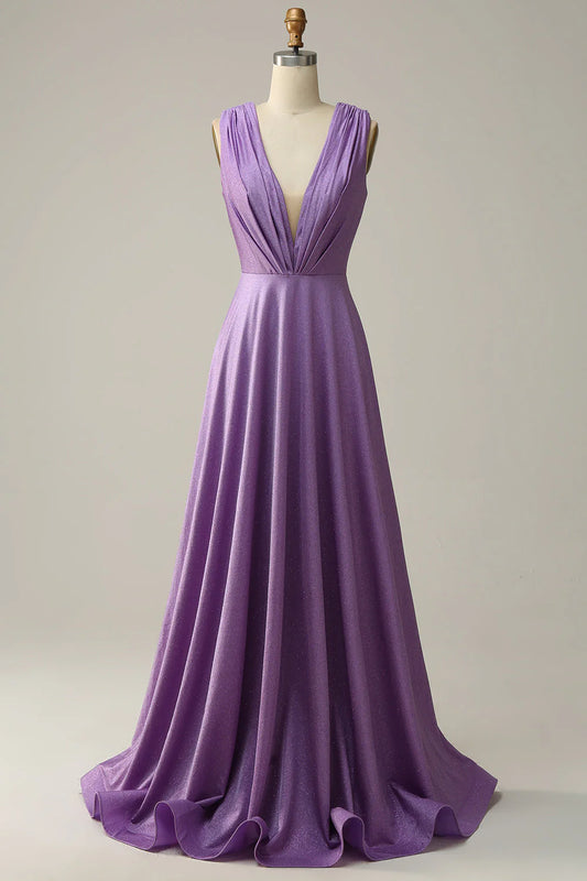 A-shaped deep V-neck purple sleeveless prom dress