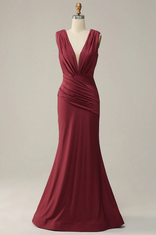 Fish tail deep V-neck wine red sleeveless long prom dress