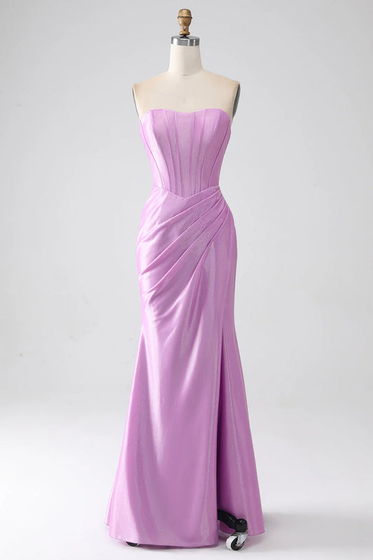 Pleated strapless purple mermaid corset prom dress