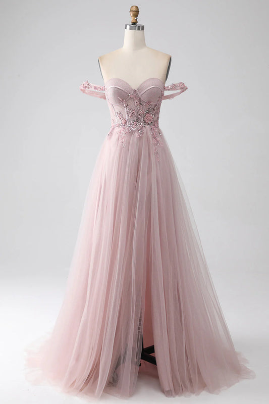 Split off shoulder A-line beaded prom dress