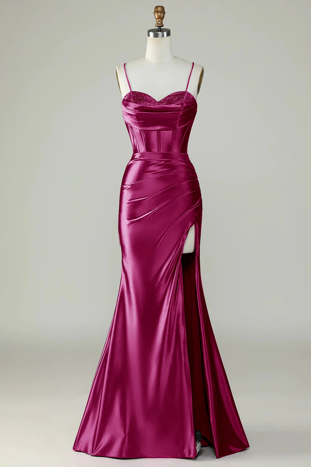 Deep purple thin shoulder strap slit fishtail long prom dress