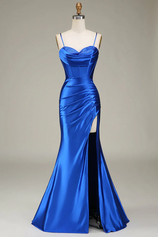 Royal blue thin shoulder strap slit fishtail long prom dress