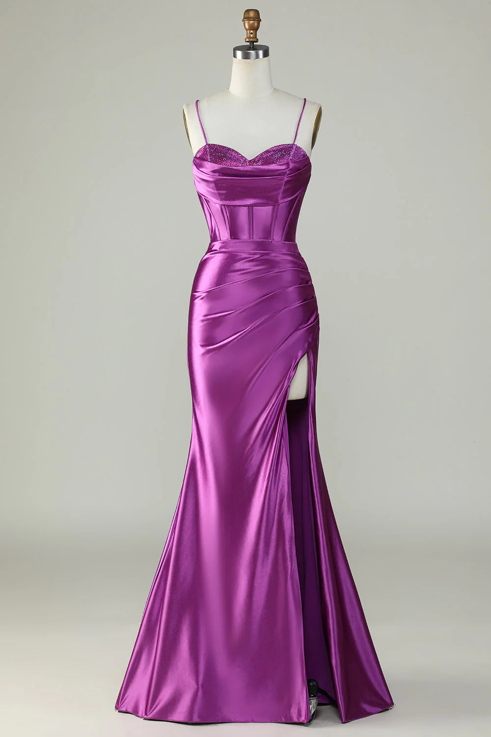 Deep purple thin shoulder strap slit fishtail long prom dress – LD Dress