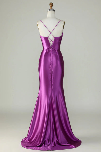 Deep purple thin shoulder strap slit fishtail long prom dress