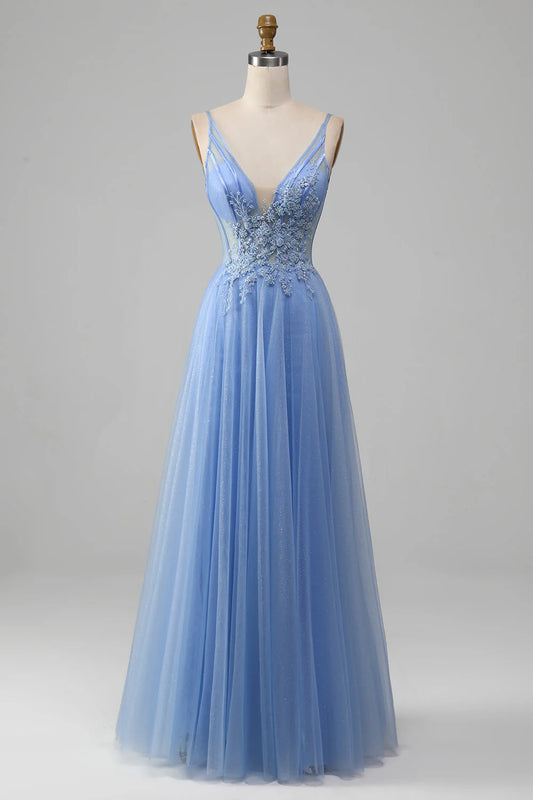 Light blue A-shaped V-neck sheer sticker prom dress