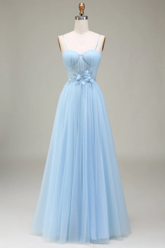 Shiny light blue A-shaped sticker sheer prom dress