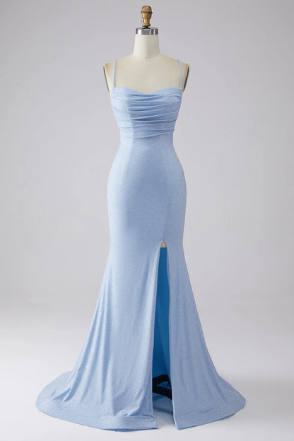 Light blue slit shiny fishtail prom dress