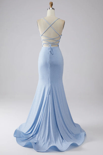 Light blue slit shiny fishtail prom dress