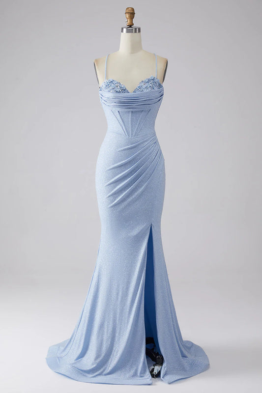 Light blue slit shiny fishtail prom dress