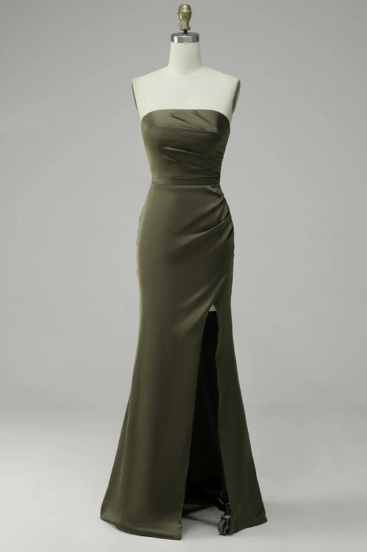 Green slit bra satin prom dress