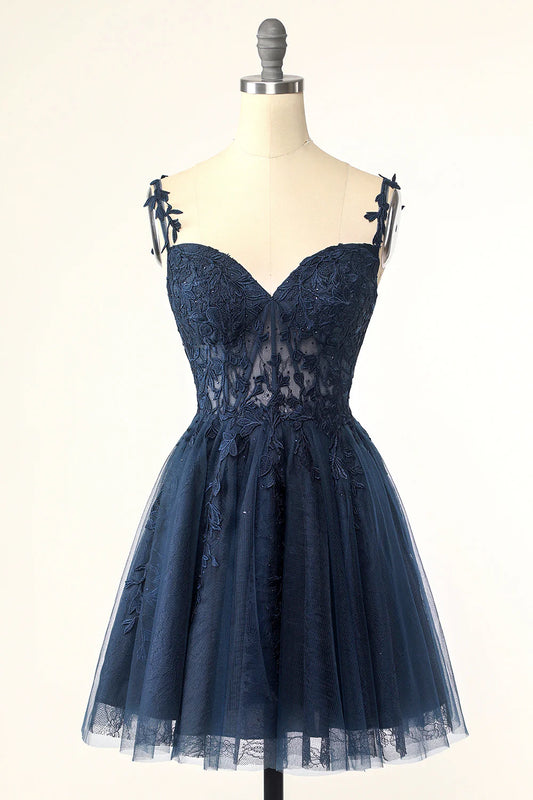 Navy Blue Thin Shoulder Strap Applique Short Cocktail Dresses