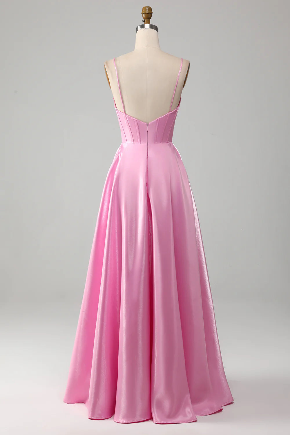 A-shaped thin shoulder strap pink tight fitting corset prom dress