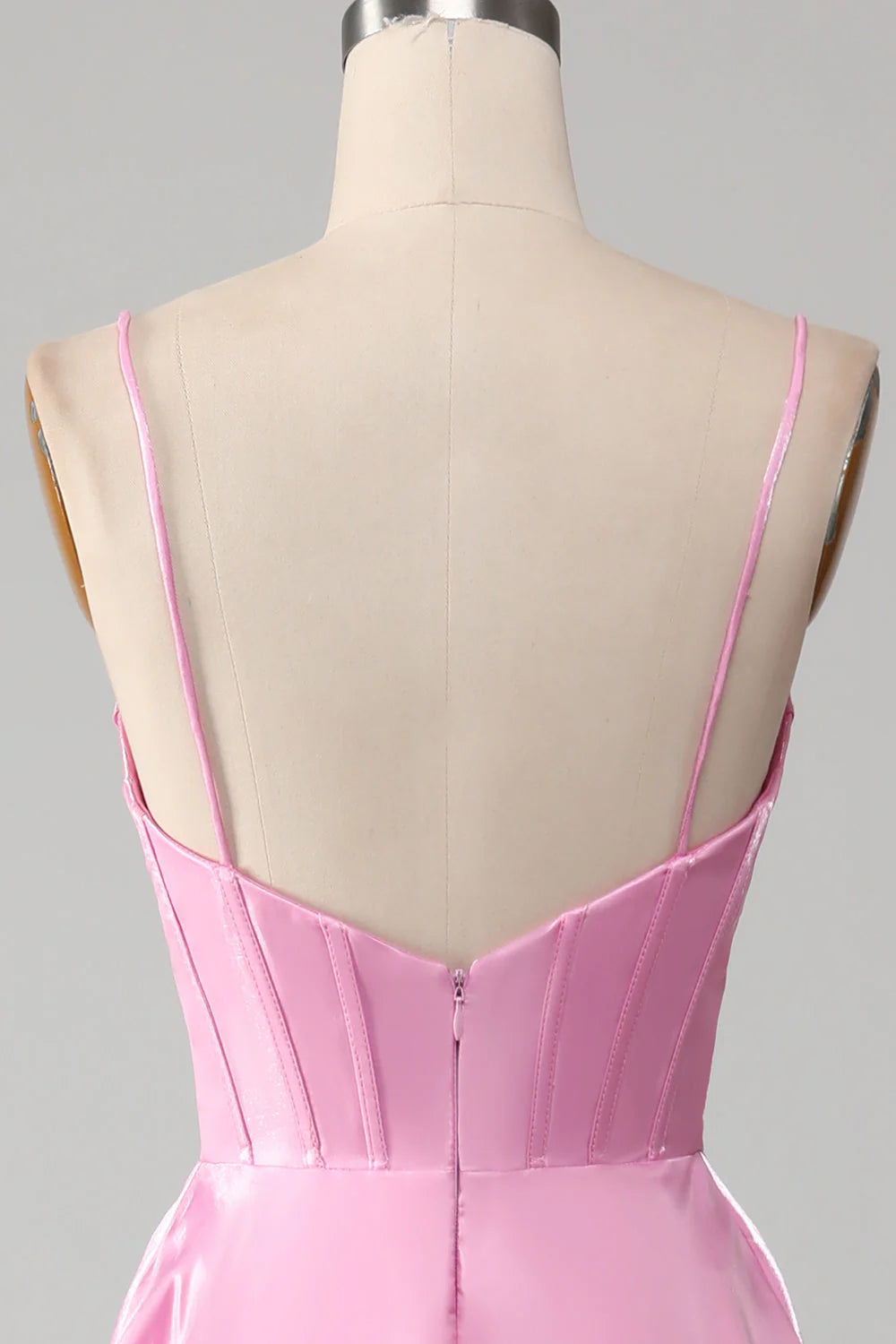 A-shaped thin shoulder strap pink tight fitting corset prom dress