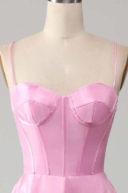 A-shaped thin shoulder strap pink tight fitting corset prom dress