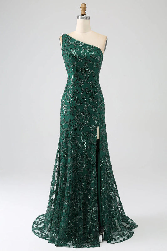 Shiny dark green beaded slit long fishtail lace prom dress