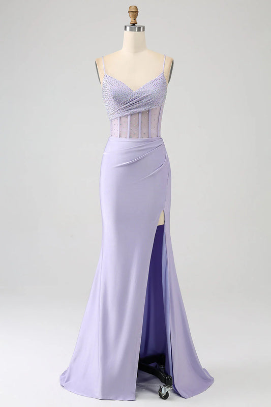 Sequin light purple tight fitting corset fish tail long slit prom dress