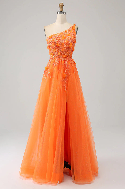 Orange One shoulder A-shaped sheer long sticker prom dress