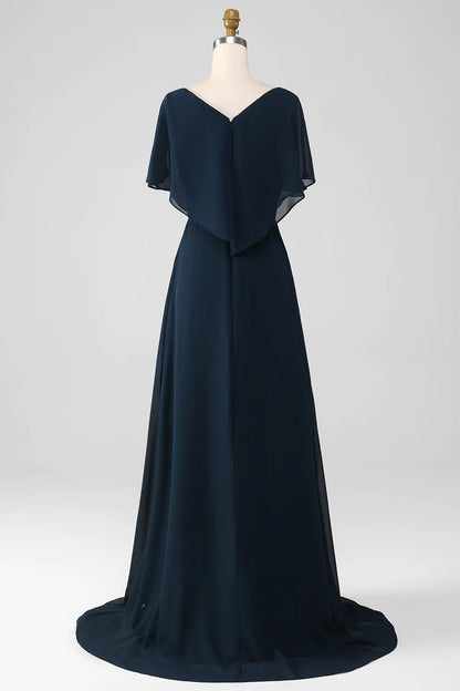 Navy Blue Asymmetric Sparkle Chiffon Beads Bridal Mother Dress