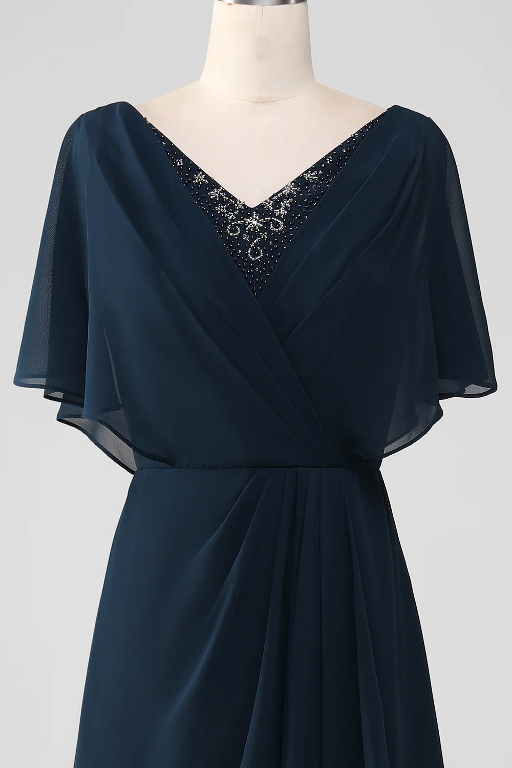 Navy Blue Asymmetric Sparkle Chiffon Beads Bridal Mother Dress