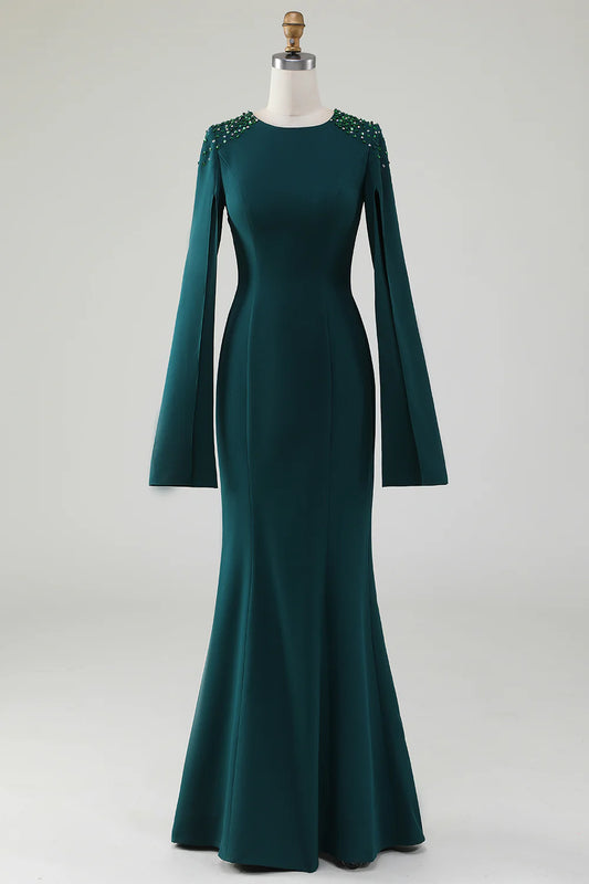 Deep green fishtail round neck bridal mother dress with beaded cape sleeves