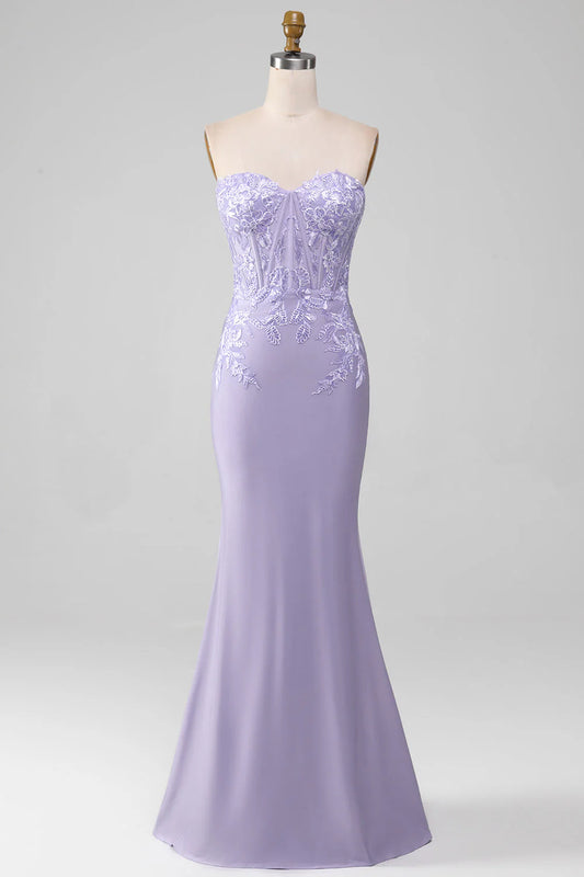 Light purple tight strapless lace applique tight fitting corset prom dress