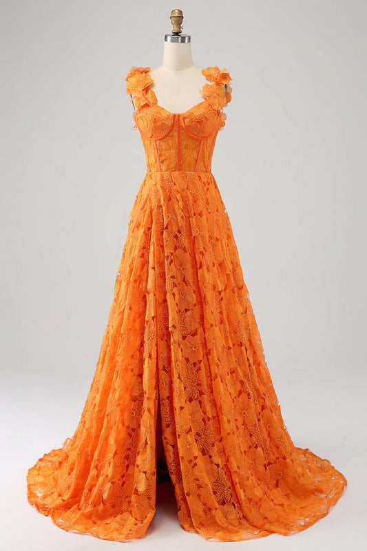 Orange A-shaped floral lace with long prom dress