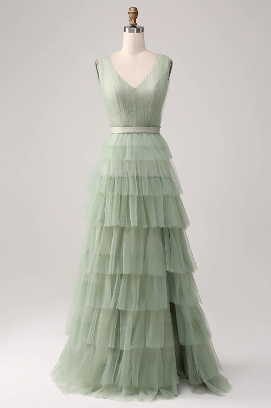 Green split pleated layered prom dress