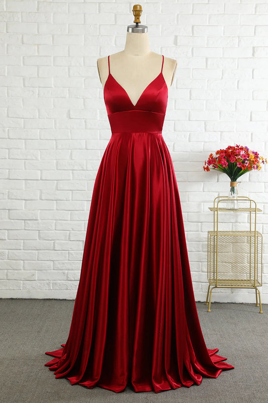 Minimalist A-line thin shoulder strap wine red long prom dress