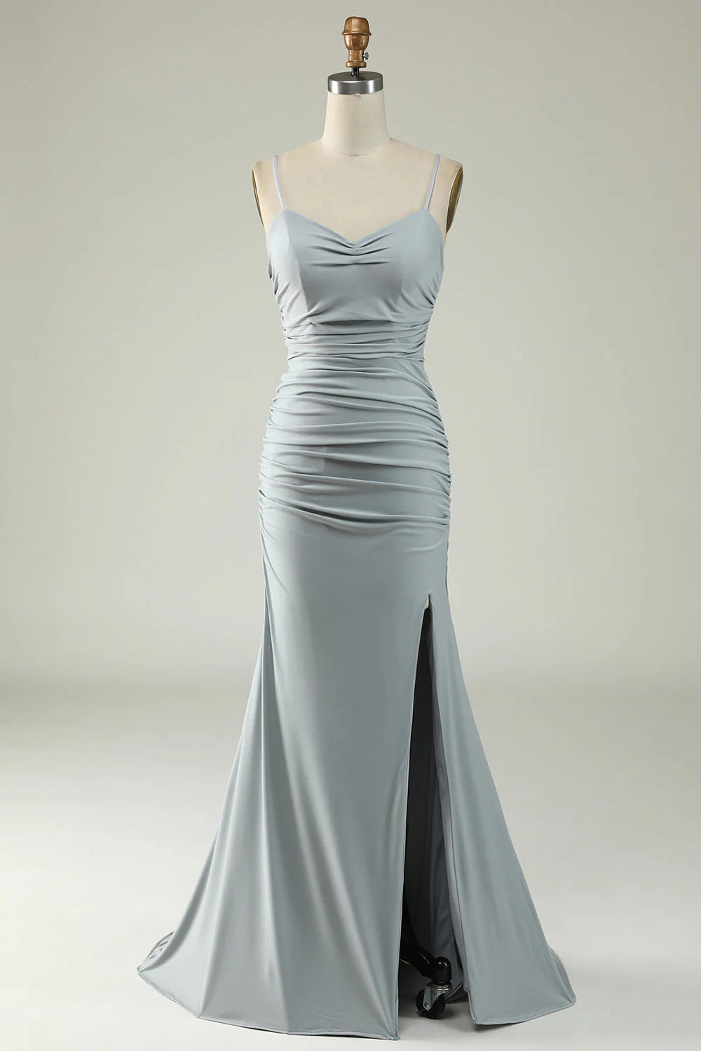 Fish tail thin shoulder strap gray large cross shaped back prom dress