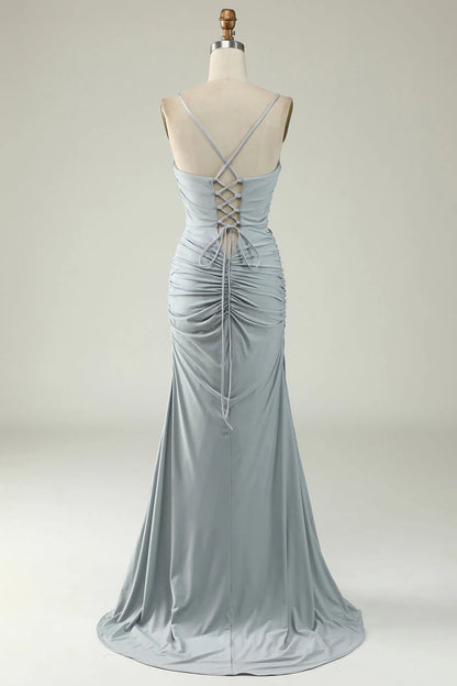 Fish tail thin shoulder strap gray large cross shaped back prom dress