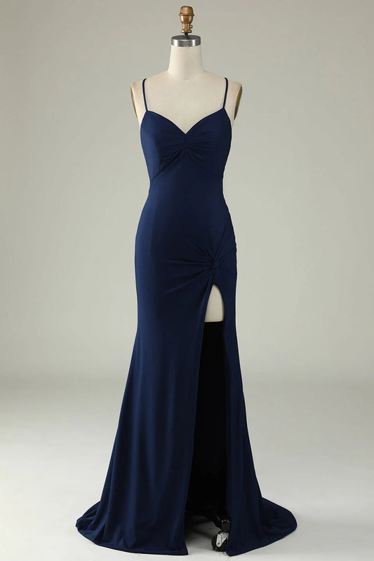 Fish tail thin shoulder strap navy blue plus size front slit prom dress