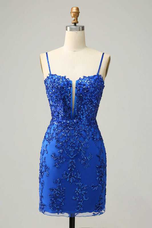 Tight and slim shoulder straps in navy blue sequins short cross back Cocktail Dresses