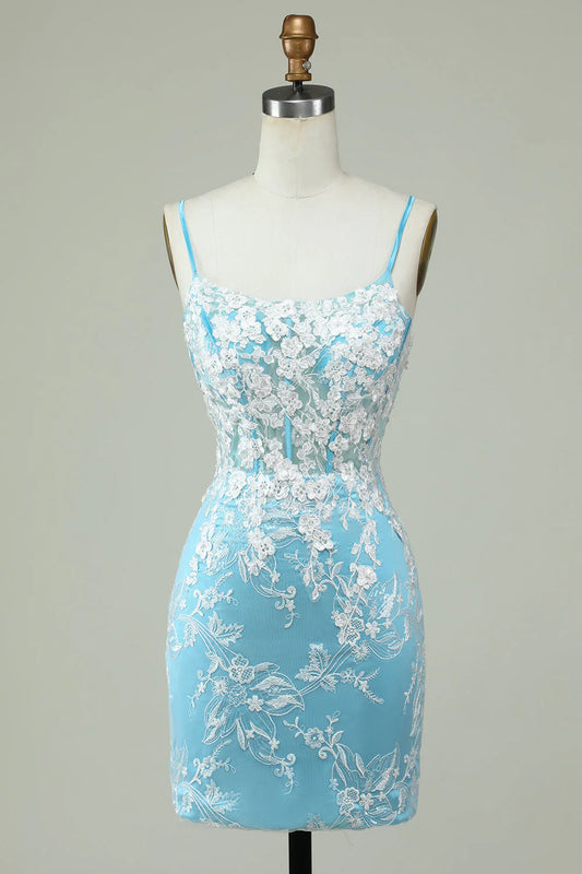 Thin shoulder strap light blue decal short Cocktail Dresses