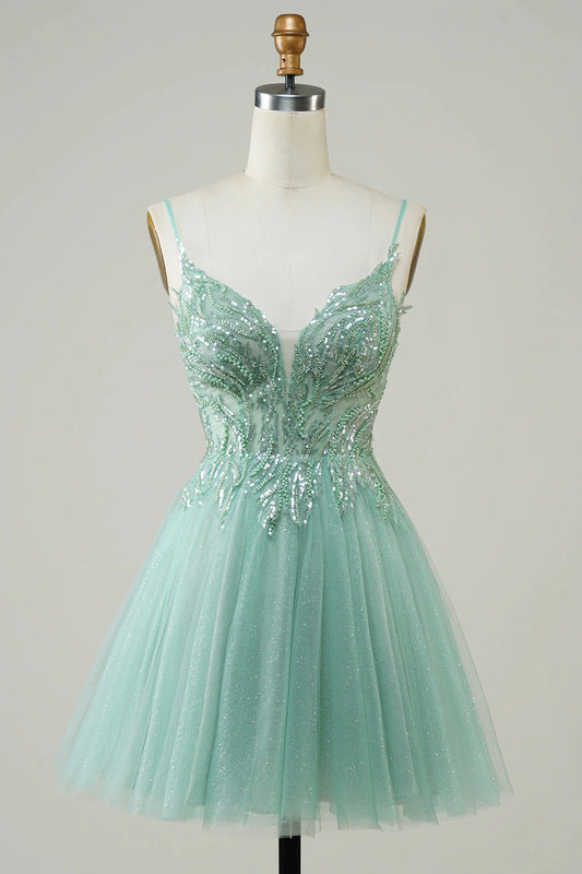 Green A-shaped cute beaded Cocktail Dresses