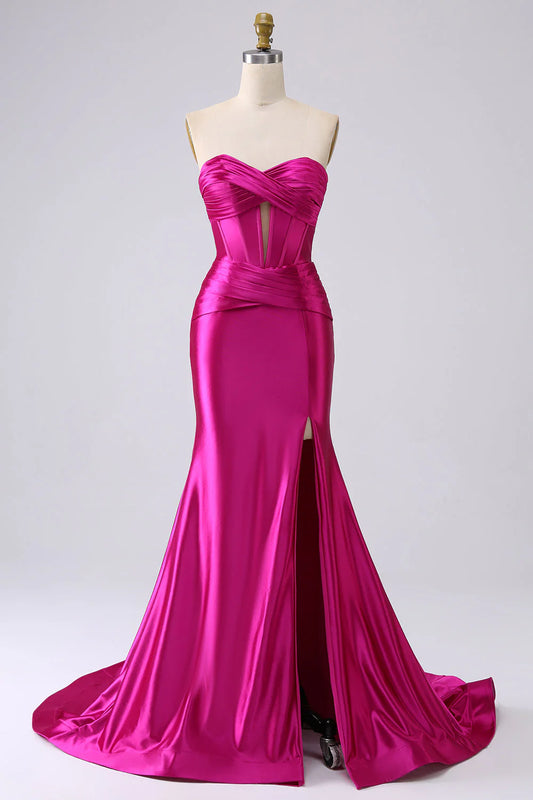 Shiny purple red fishtail sweetheart tight fitting corset with long slit prom dress