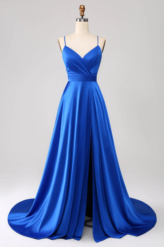 Royal blue A-line thin shoulder strap slit satin prom dress