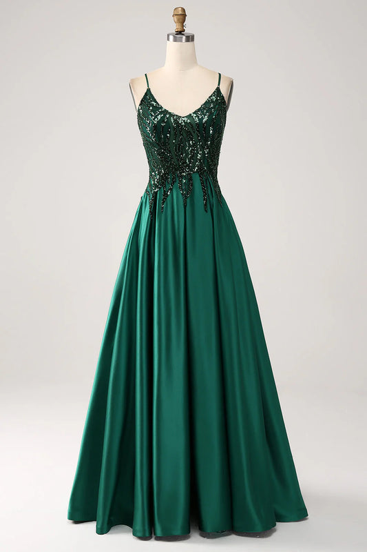 Deep green A-line thin shoulder strap length prom dress