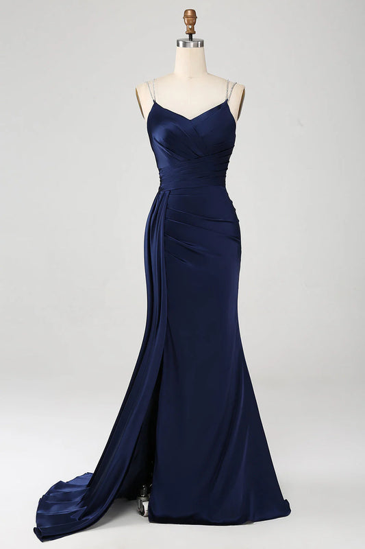 Navy blue fishtail thin shoulder strap pleated tight fitting corset long slit prom dress