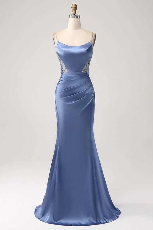 Fish tail gray blue satin fine shoulder strap long prom dress