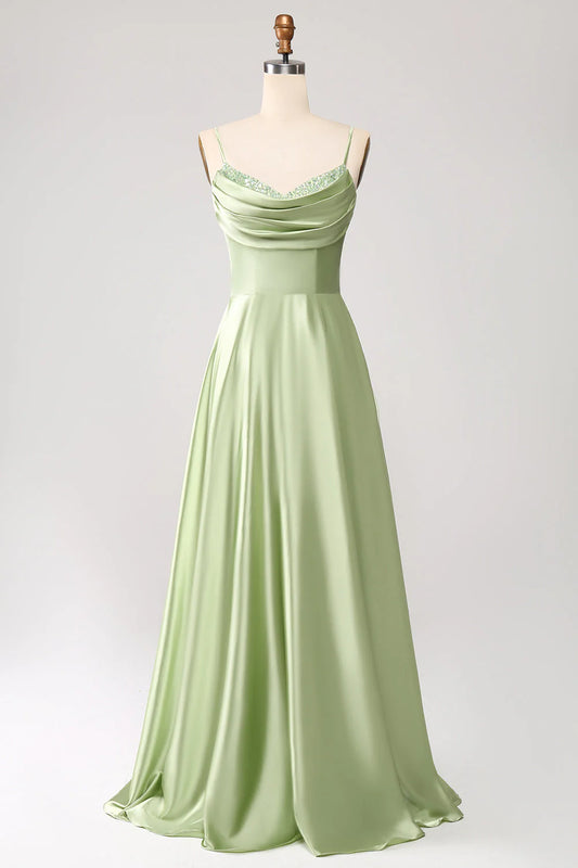 Dusty Sage A-line high neck satin long prom dress