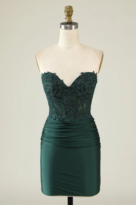 Dark green beaded strapless short Cocktail Dresses