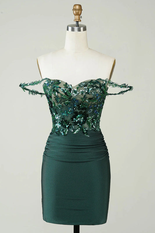 Unique Decal Off Shoulder Dark Green Short Cocktail Dresses