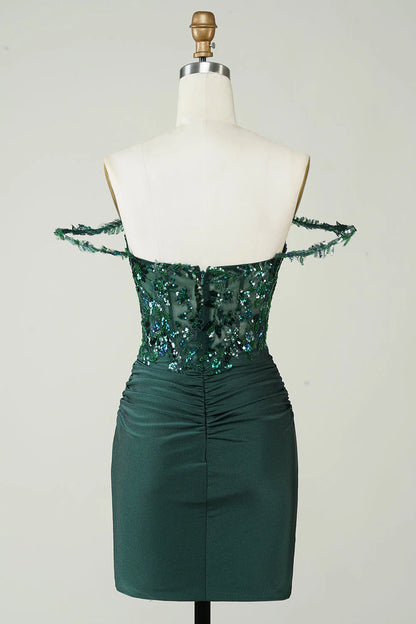 Unique Decal Off Shoulder Dark Green Short Cocktail Dresses