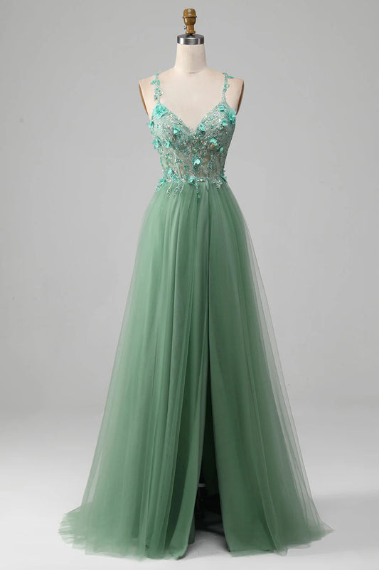 Bright green A-shaped thin shoulder strap tight fitting corset sticker prom dress