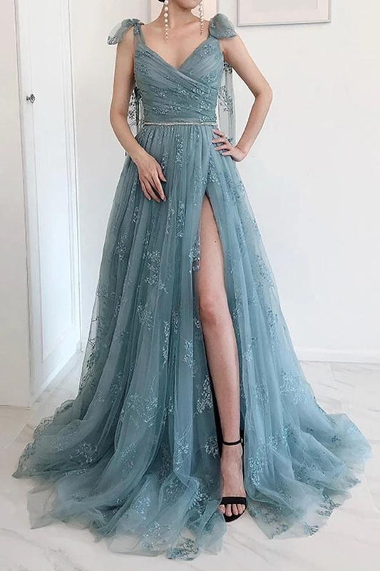 Elegant A-line bow tie party dress with lace high slit ball dress