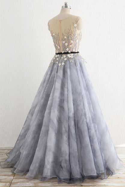 Grey A-line round neck sheer long off the shoulder ball dress grey ruffled edge and floor length evening dress