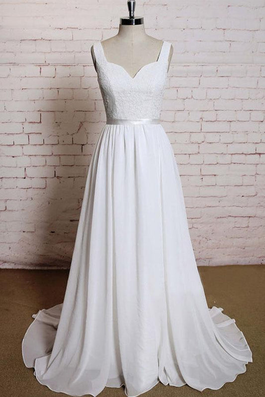 Noble A-line shoulder strap with chiffon patch flower dew back and ground length wedding dress