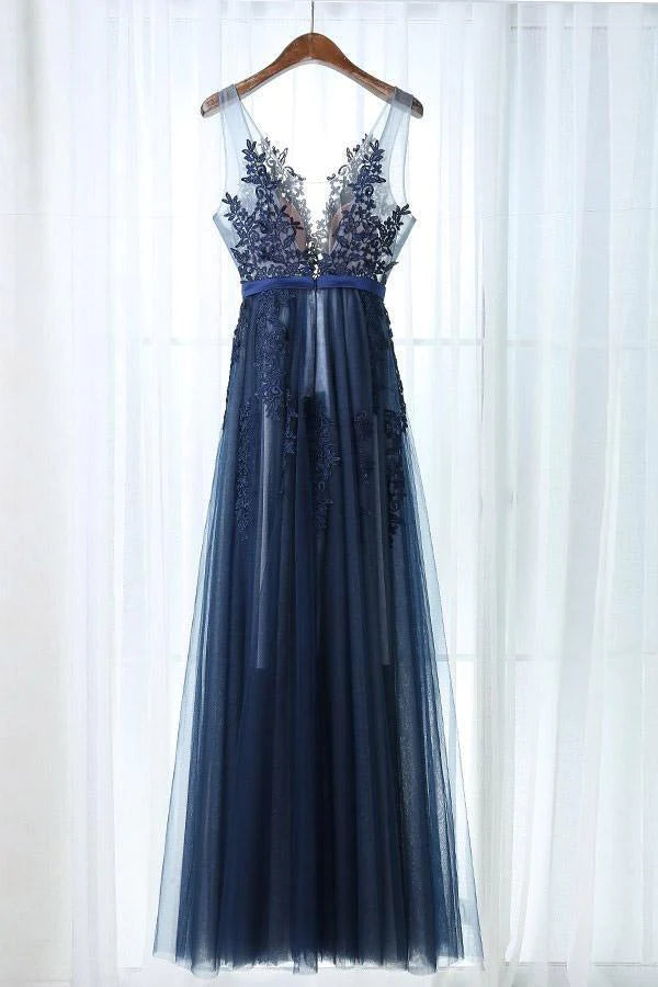 A-shaped V-neck and floor length navy blue sheer floral backless and floor length ball dress